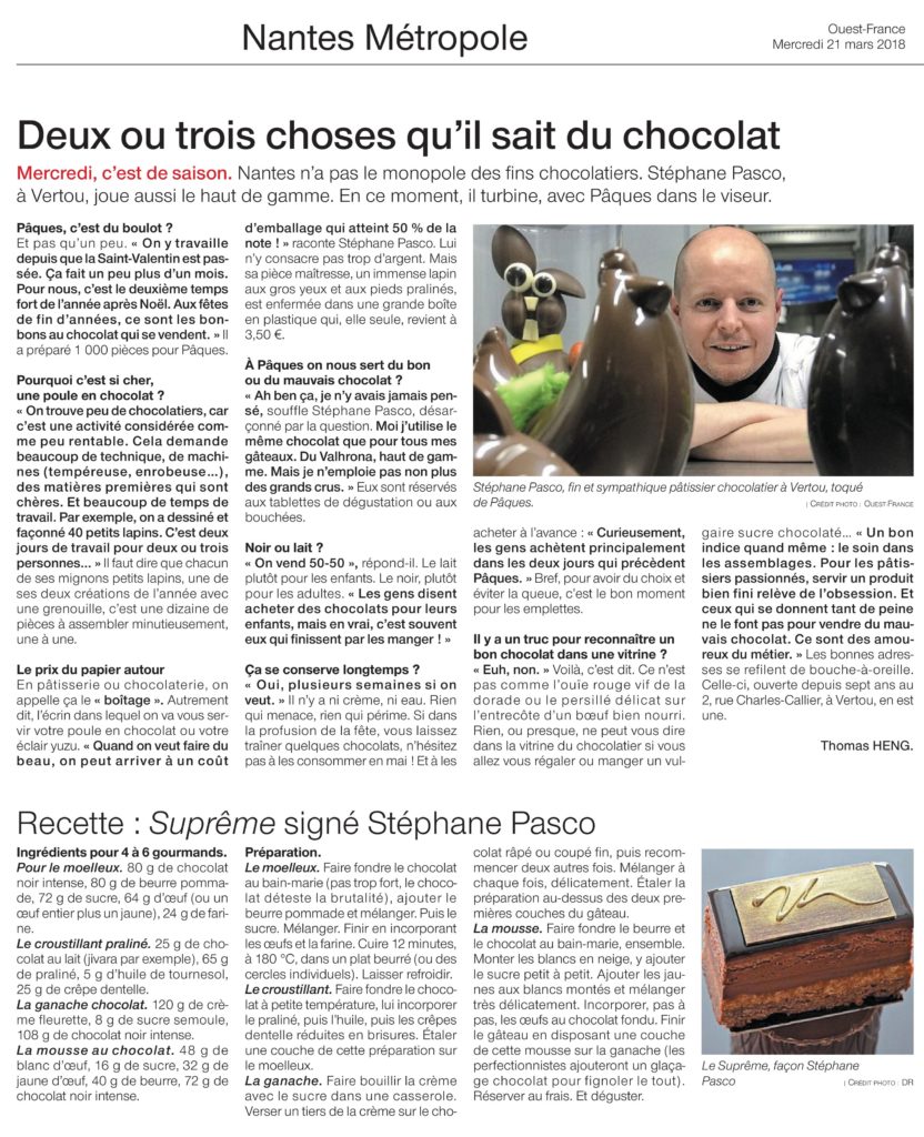 Article de Ouest-France intitulé deux ou trois choses que Stéphane Pasco sait du Chocolat
