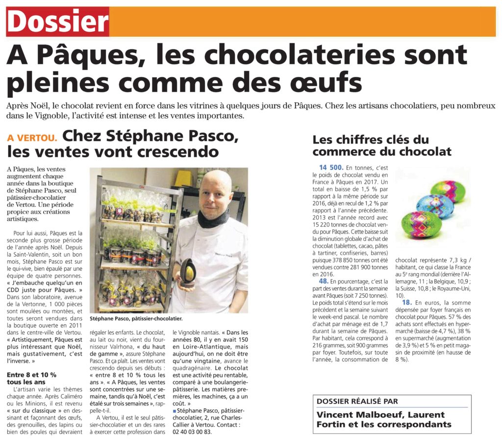 Article de l'Hebdo Sèvre et Maine sur Stéphane Pasco et les Chocolats de Pâques