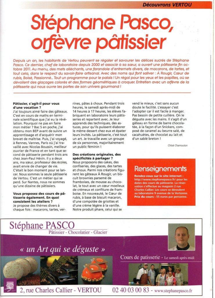 Article de A Nantes Reportages intitulé Stéphane Pasco, orfèvre pâtissier