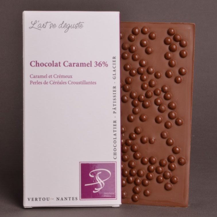 Tablette Chocolat Caramel 36% Perles de Céréales Croustillantes de Stéphane Pasco, aux notes de Caramel et Crémeuses