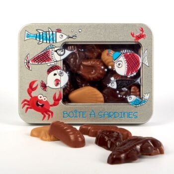 Boîte de fritures en Chocolat en forme d'animaux de la mer, pour la Fête de Pâques de Stéphane Pasco, artisan Chocolatier à Nantes et Vertou