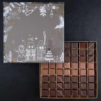 Coffret Refuge de Noël de 56 ou 120 Bonbons de Chocolat, en assortiment Noir et Lait, de Stéphane Pasco, artisan Chocolatier à Nantes et Vertou