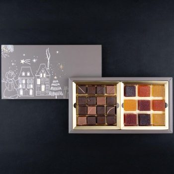 Coffret Ecrin d'Hiver de Stéphane Pasco, assortiment de 16 Chocolats et 9 Pâtes de Fruits, artisan Chocolatier à Nantes