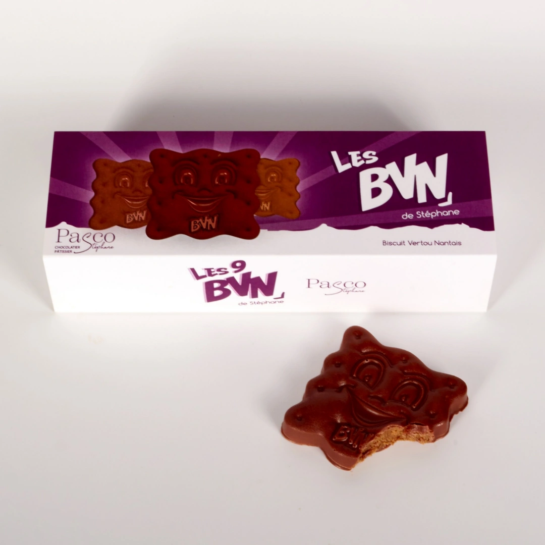 Coffret de BVN, le Biscuit Vertou Nantais de Stéphane Pasco, Biscuit au Gianduja, Praliné Noisette et Sablé Breton, enrobé de Chocolat Noir, Lait ou Blond
