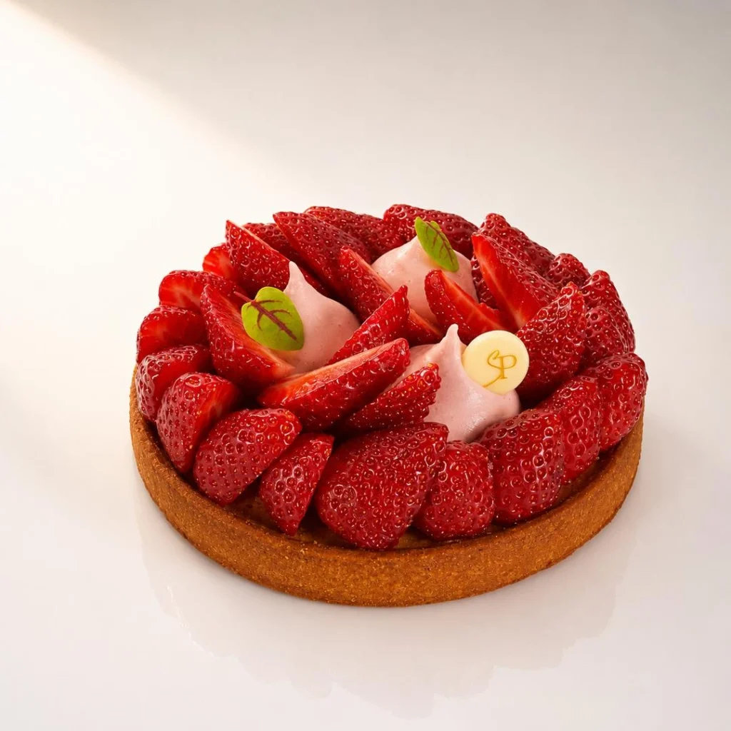 Tarte Fraise 4 parts accompagnée d'une Crème Légère Fraise et Crémeux Fraise Menthe, de Stéphane Pasco, artisan pâtissier à Nantes et Vertou
