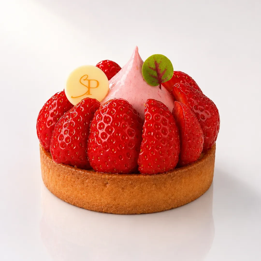 Tarte Fraise individuelle accompagnée d'une Crème Légère Fraise et Crémeux Fraise Menthe, de Stéphane Pasco, artisan pâtissier à Nantes et Vertou