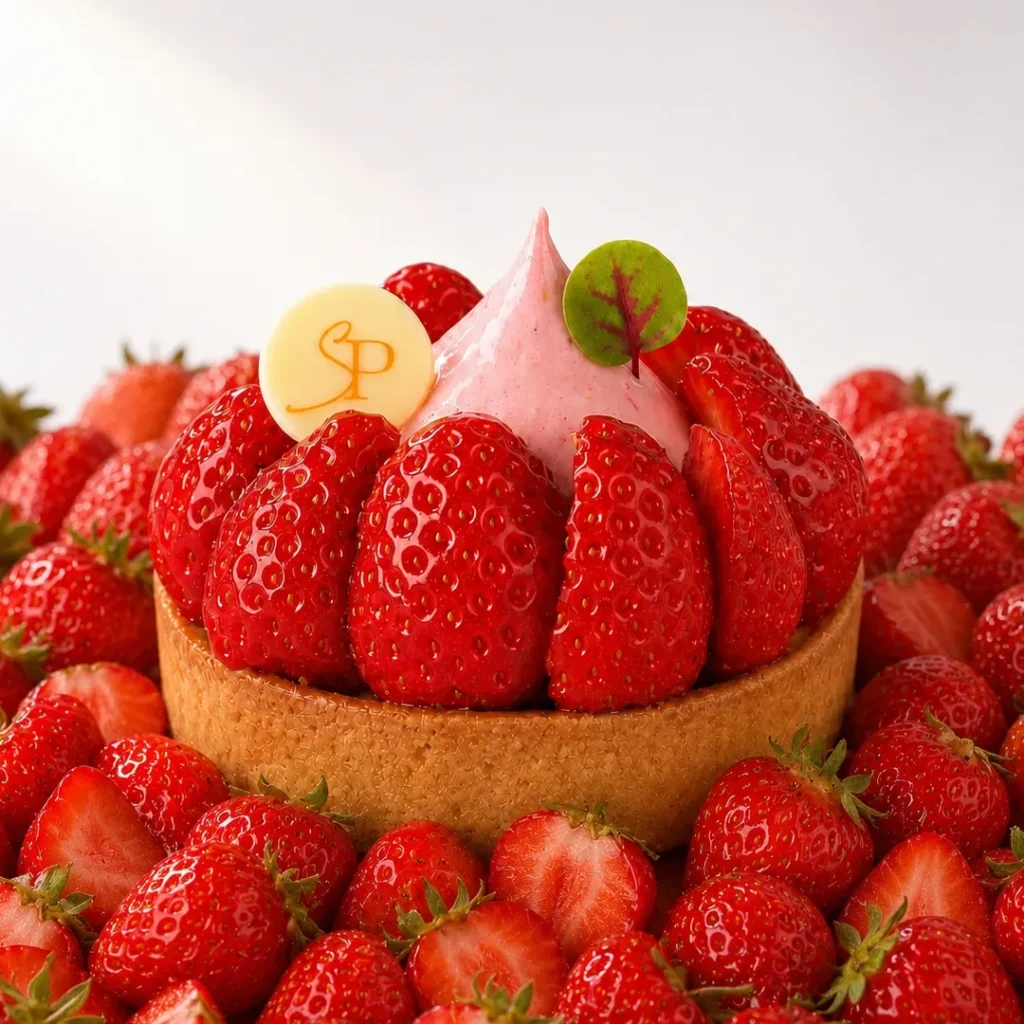 Tarte Fraise individuelle accompagnée d'une Crème Légère Fraise et Crémeux Fraise Menthe, de Stéphane Pasco, artisan pâtissier à Nantes et Vertou