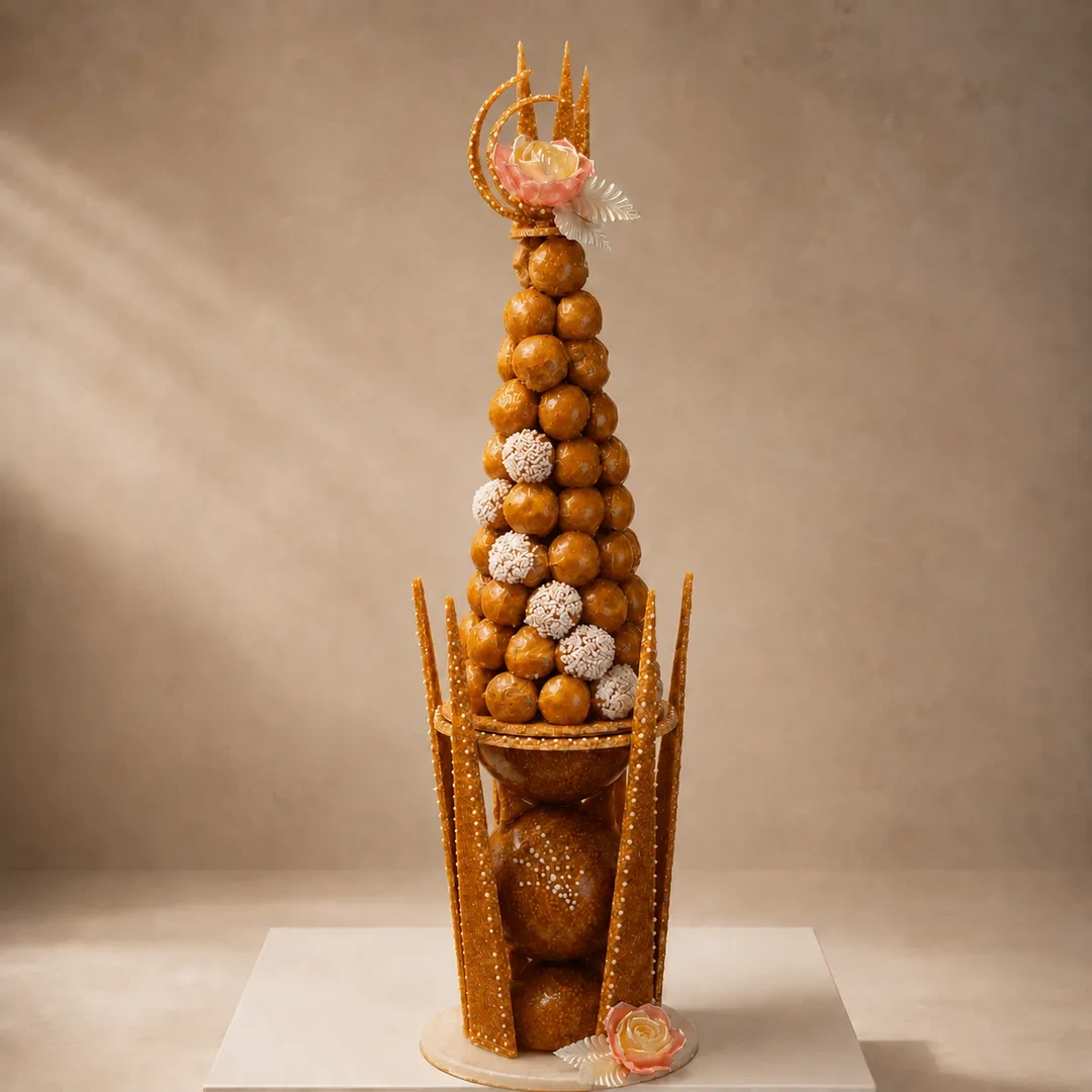 Pièce Montée de Choux Caramélisés et Nougatine sur Boule en Nougatine de Stéphane Pasco, Pâtissier à Nantes et Vertou