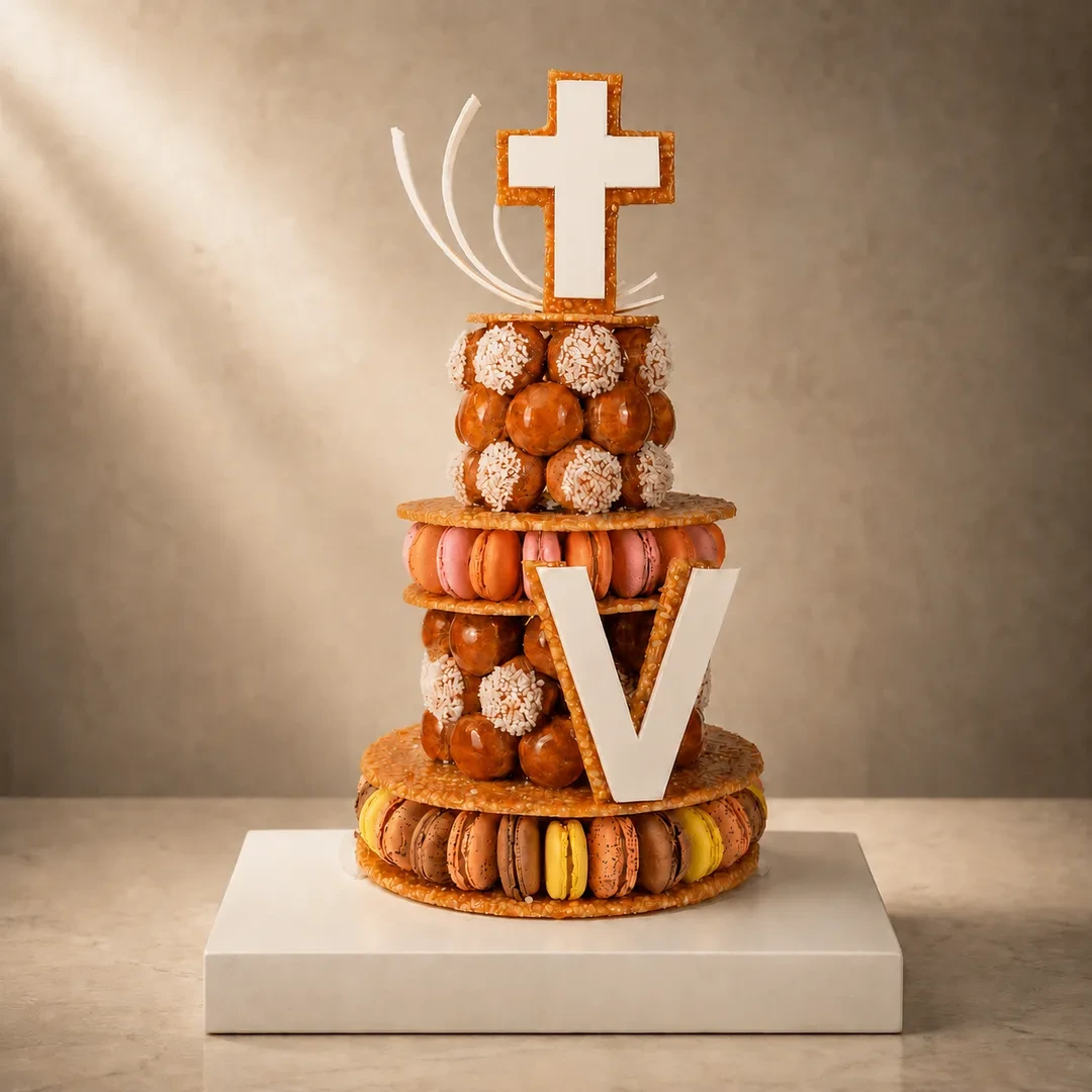 Pièce Montée de Choux Caramélisés, Nougatine et Macarons de Stéphane Pasco, Pâtissier à Nantes et Vertou