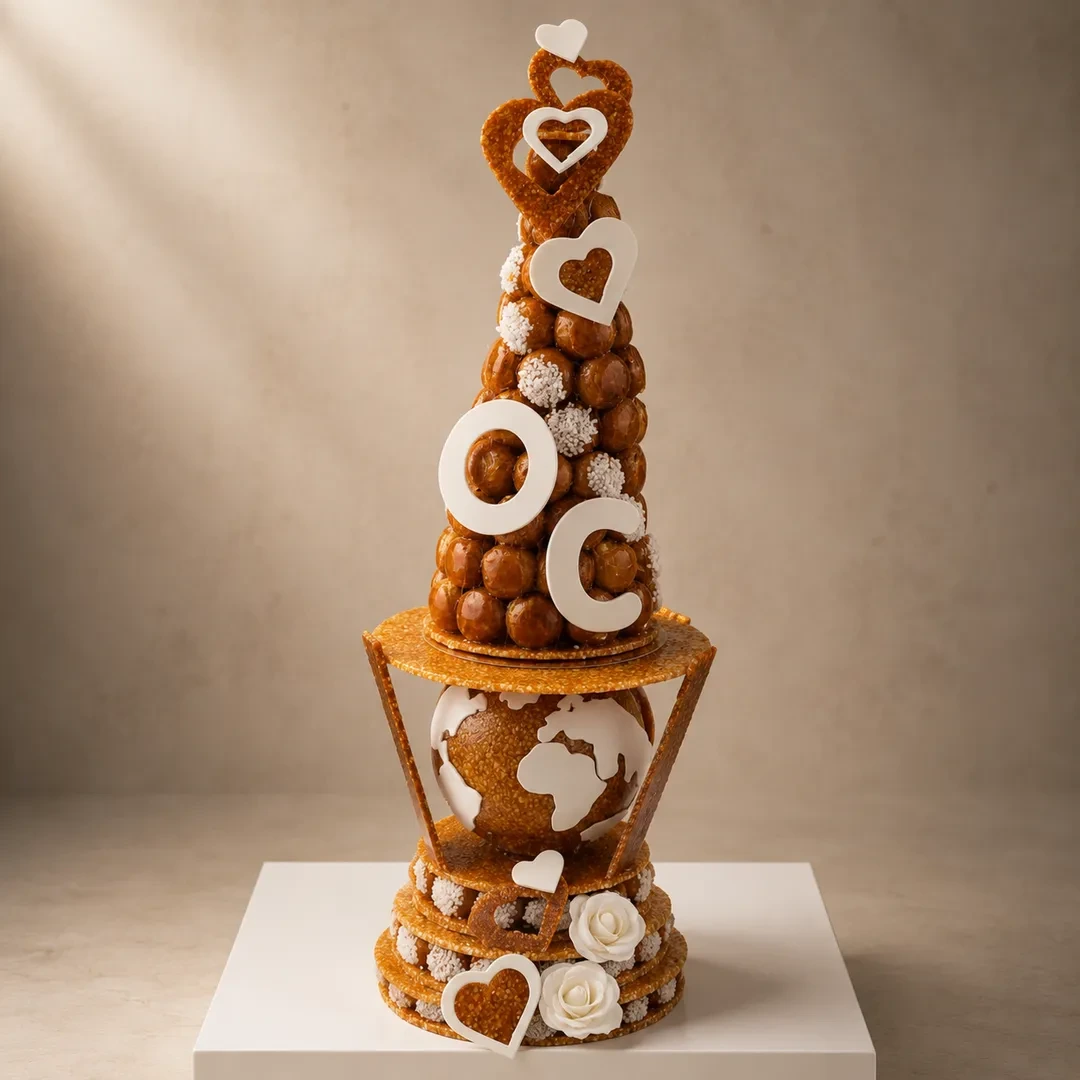 Pièce Montée de Choux Caramélisés en forme de cône sur Terre en nougatine de Stéphane Pasco, Pâtissier à Nantes et Vertou