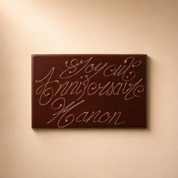Plaque personnalisée en chocolat, à disposer sur vos pâtisseries, de Stéphane Pasco, Chocolatier à Nantes et Vertou