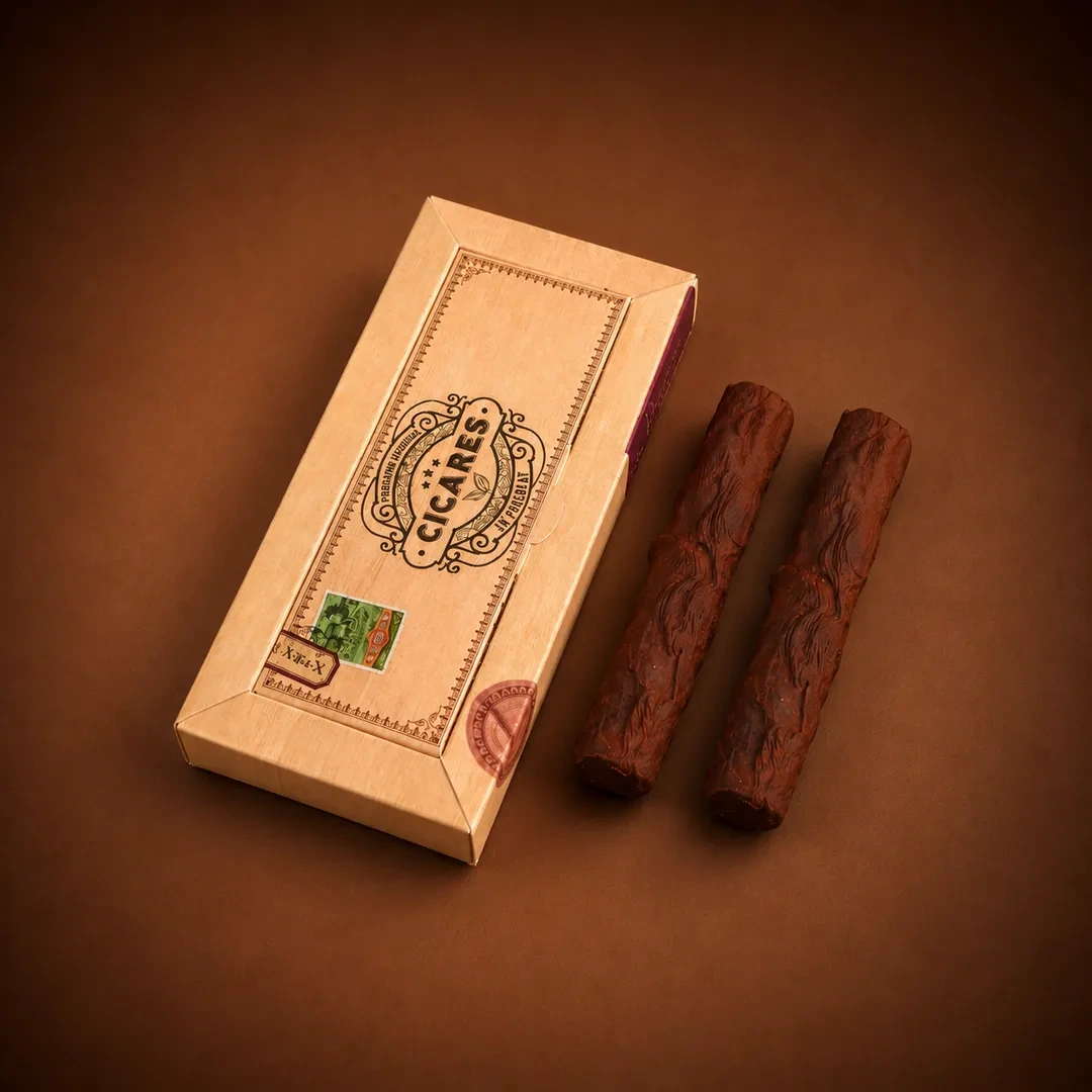Etui à Cigare, composé de 2 Cigares en Chocolat Noir et Praliné Noisette Fleur de Sel, de Stéphane Pasco artisan Chocolatier à Nantes