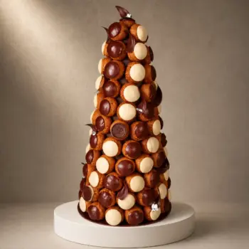 Pièce Montée de Choux Colorés sur Cône Chocolat de Stéphane Pasco, artisan pâtissier à Nantes et à Vertou