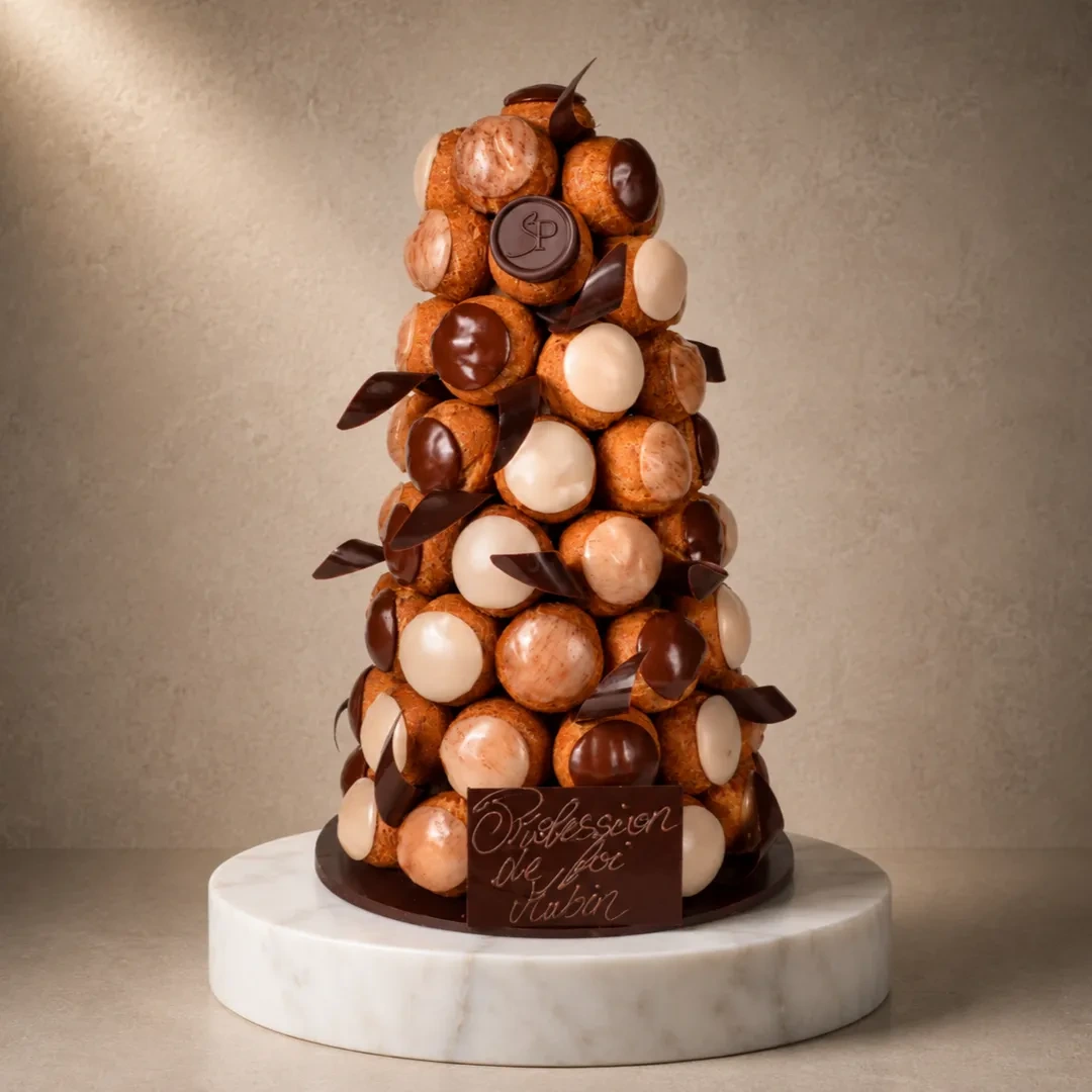 Pièce Montée de Choux Colorés sur Cône Chocolat de Stéphane Pasco, artisan pâtissier à Nantes et à Vertou