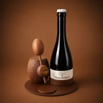 Tireuse à bière en chocolat lait et noir avec bière artisanale Deux Béliers, Fête des Pères Stéphane Pasco