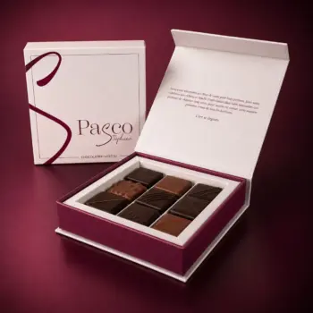 Coffret Empreinte de 9 Bonbons de Chocolat en assortiment Noir et Lait, de Stéphane Pasco, artisan Chocolatier à Nantes et Vertou