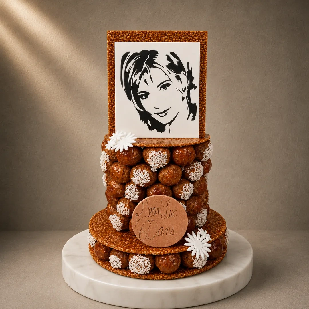 Pièce Montée de Choux Caramélisés, Nougatine avec portrait de Mylène Farmer ,de Stéphane Pasco, artisan Pâtissier à Nantes et Vertou