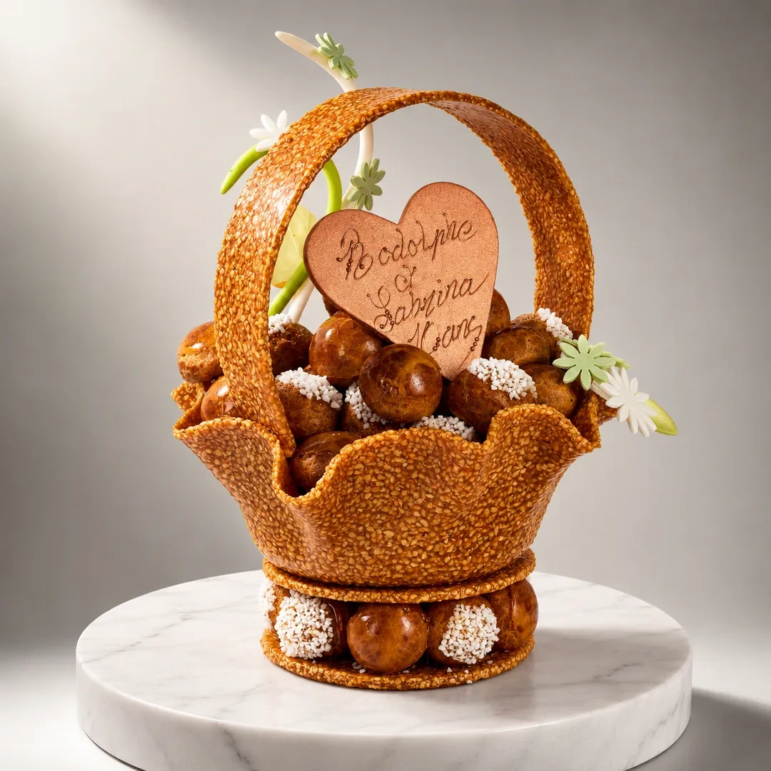 Pièce Montée de Choux Caramélisés en forme de panier, de Stéphane Pasco, artisan pâtissier à Nantes et Vertou