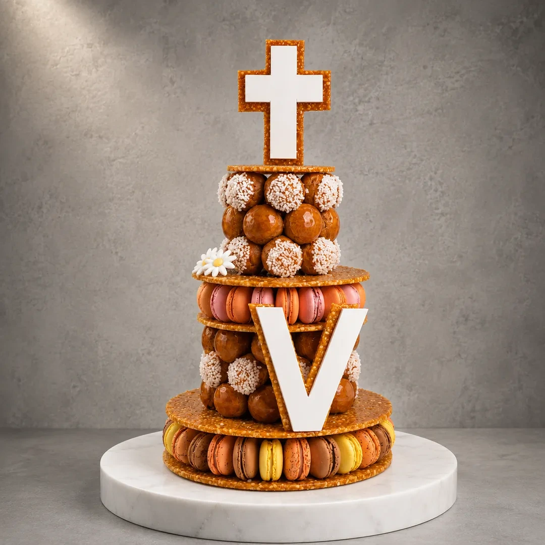 Pièce Montée de Choux Caramélisés, Nougatine et Macarons de Stéphane Pasco, artisan Pâtissier à Nantes et Vertou