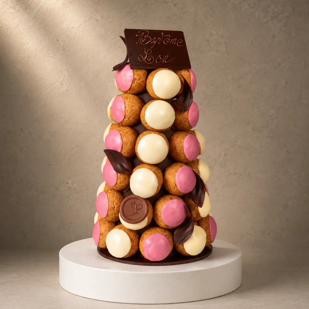 Pièce Montée de Choux Colorés sur Cône en Chocolat de Stéphane Pasco, artisan pâtissier à Nantes et à Vertou