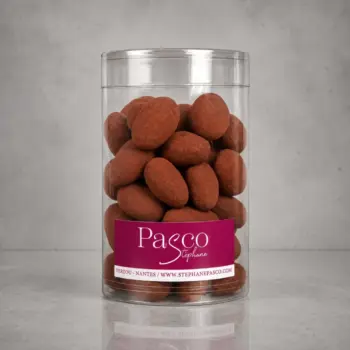 Boite de 200g d'Amandes Gianduja Cacao de Stéphane Pasco, artisan Chocolatier à Nantes et Vertou