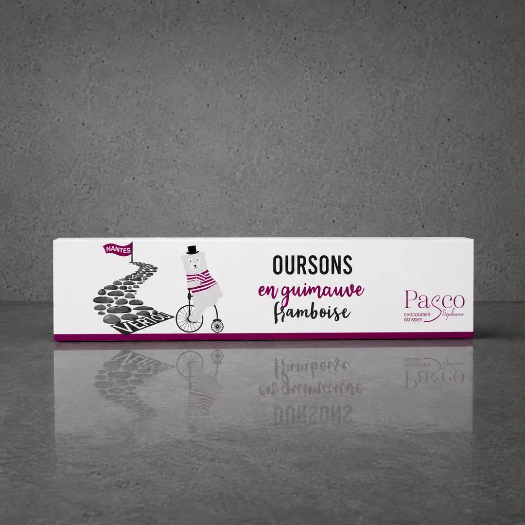 Boite de 6 Guimauves Framboise enrobées de Chocolat Lait et Noir, en forme d'Ourson, de Stéphane Pasco, Chocolatier à Nantes et Vertou