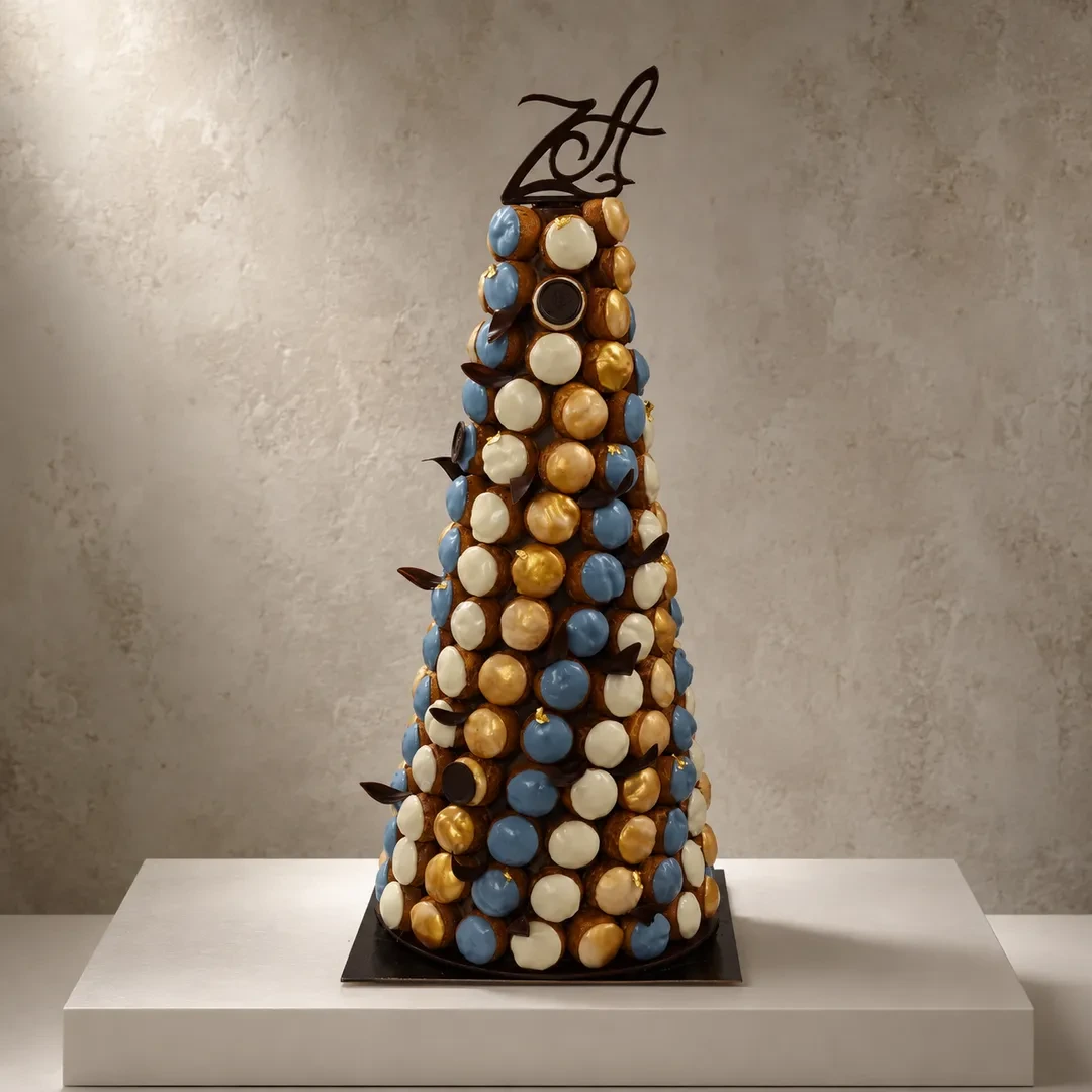 Pièce Montée de Choux Colorés bleu, blanc et or, sur Cône Chocolat de Stéphane Pasco, artisan pâtissier à Nantes et à Vertou