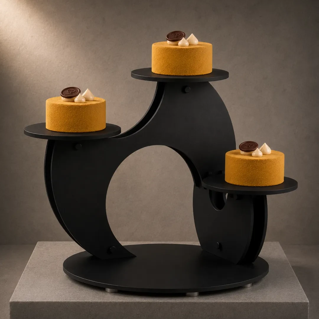 Présentoir noir pour entremet, à réserver dans l'une de nos boutiques, Stéphane Pasco Pâtissier, Chocolatier et Glacier, à Nantes et Vertou