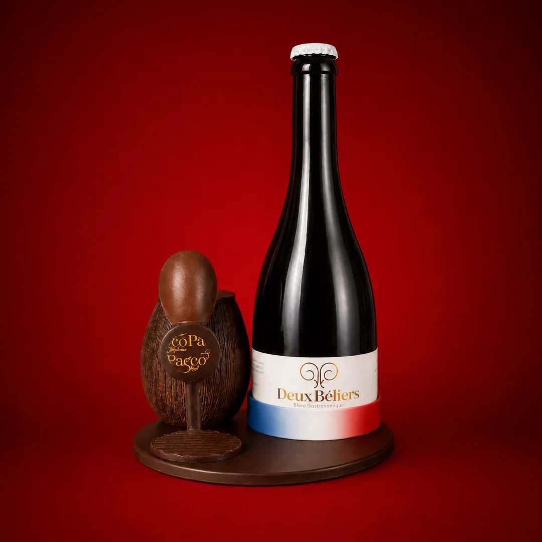 Tireuse à bière fond rouge en chocolat lait et noir avec bière artisanale Deux Béliers, Fête des Pères Stéphane Pasco, chocolatier à nantes et vertou