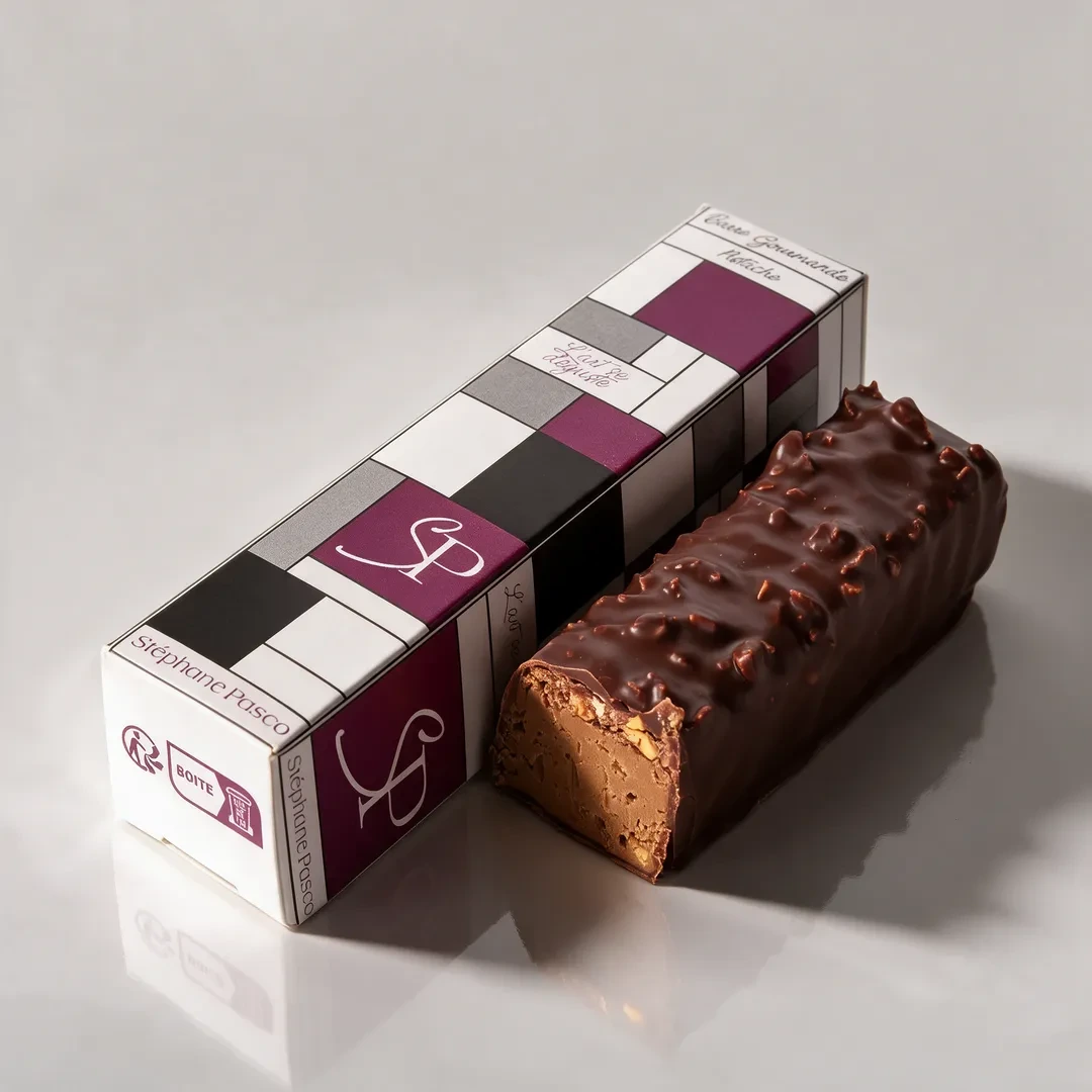 Coupe de la barre Gourmande Pistache, enrobée de Chocolat Noir, de Stéphane Pasco, chocolatier à Nantes et Vertou