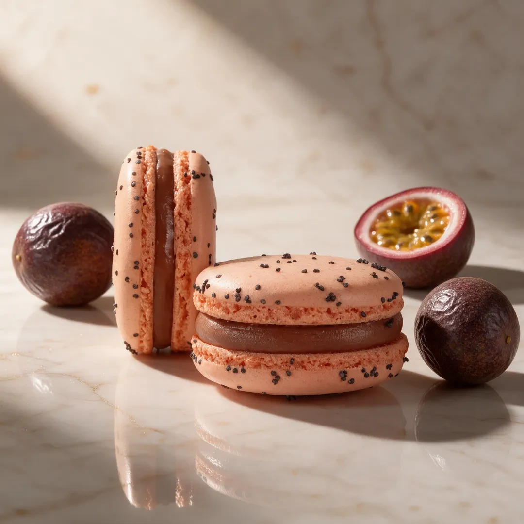 Macaron passion, ganache passion, accompagné de fruits de la passion, de Stéphane Pasco