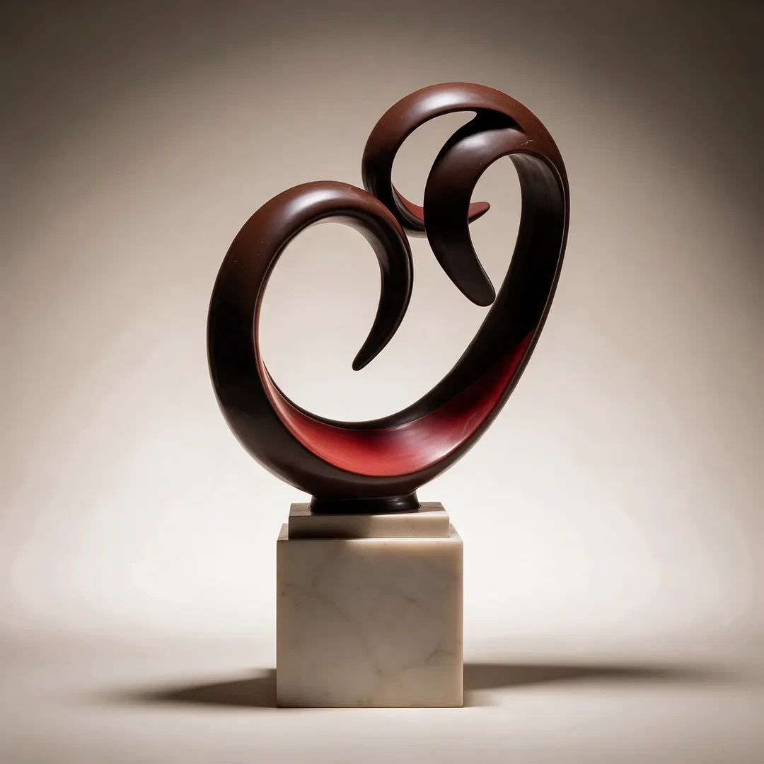 Pièce artistique en chocolat noir en forme de cœur entrelacé, sur socle marbre, de Stéphane Pasco