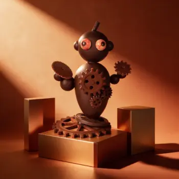 Edward, personnage d’Halloween en chocolat noir et lait, aux grands yeux et aux engrenages, par Stéphane Pasco, à Nantes et Vertou