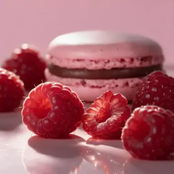 Macaron Framboise, ganache Framboise, entouré de framboises fraiches, de Stéphane Pasco, pâtissier à Nantes et Vertou