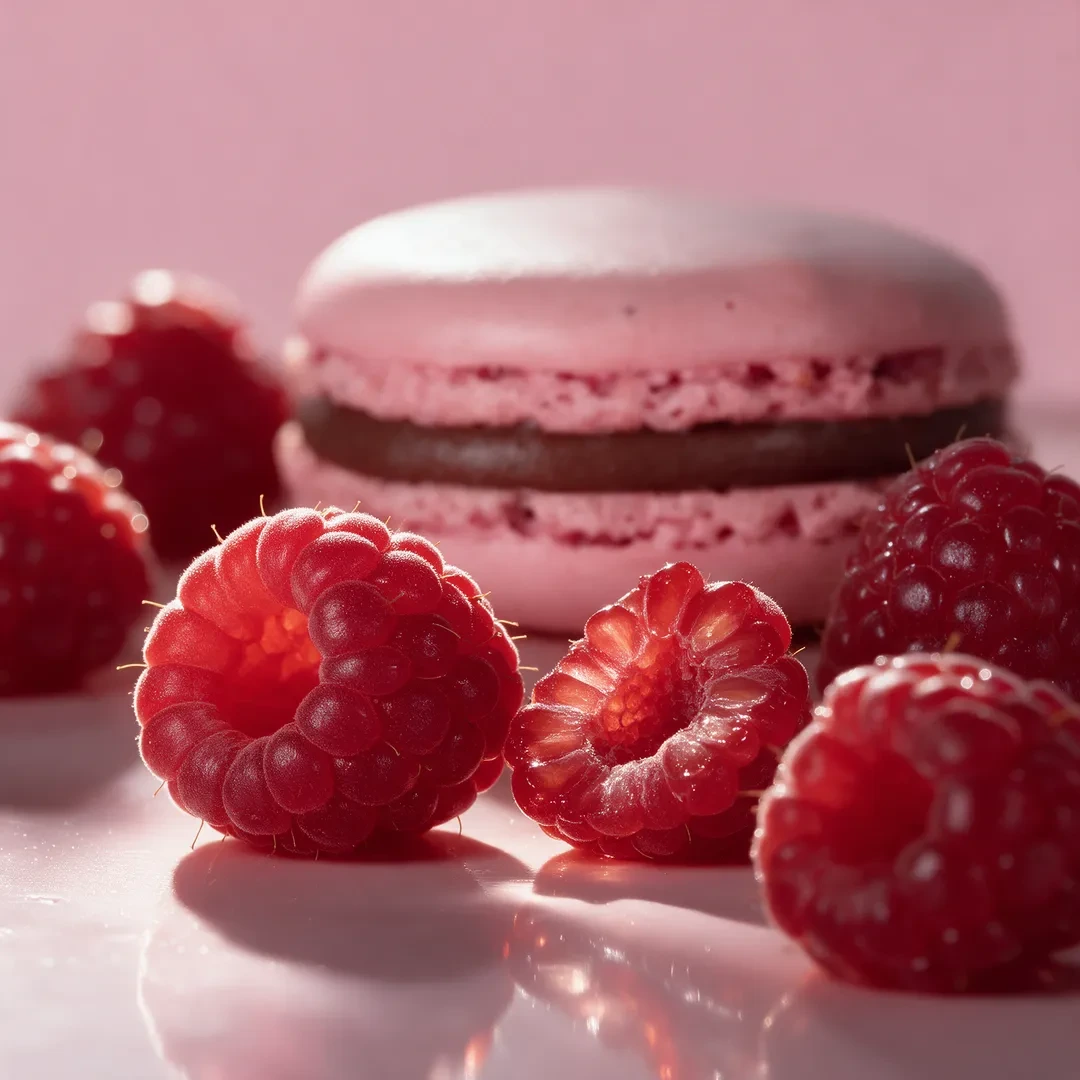 Macaron Framboise, ganache Framboise, entouré de framboises fraiches, de Stéphane Pasco, pâtissier à Nantes et Vertou